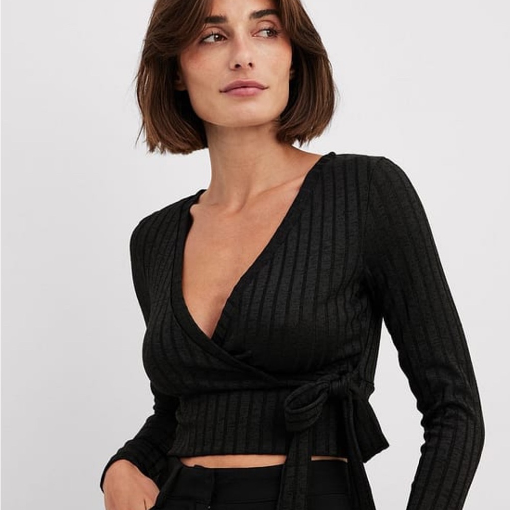 NA-KD Black Ribbed Wrap Top NWOT